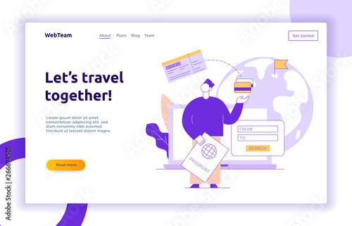 Vector travel illustration with big modern man buying tickets online