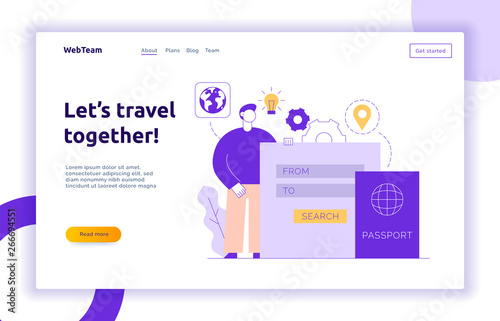 Vector travel illustration with big modern man buying tickets online