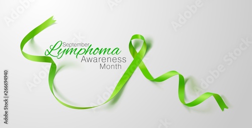 Lymphoma Awareness Calligraphy Poster Design. Realistic Lime Green Ribbon. September is Cancer Awareness Month. Vector