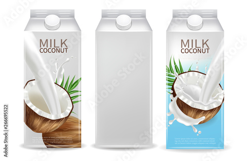Coconut milk Vector realistic mock up. Milk splash label design. Product packaging 3d detailed containers