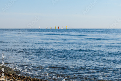 sailboats on the horizon are sailing on the blue sea