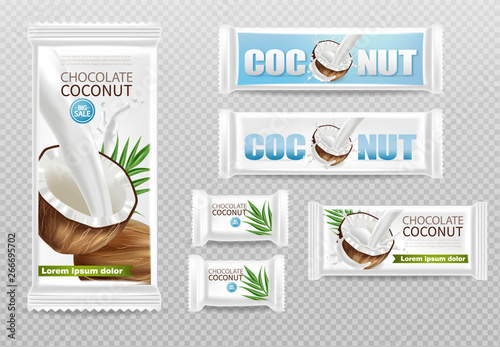 Coconut chocolates isolated Vector realistic mock up. Product packaging label...