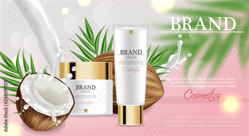 Coconut cream moisturizer Vector realistic. Product packaging mockup. Detailed white bottles with label design. 3d template illustrations