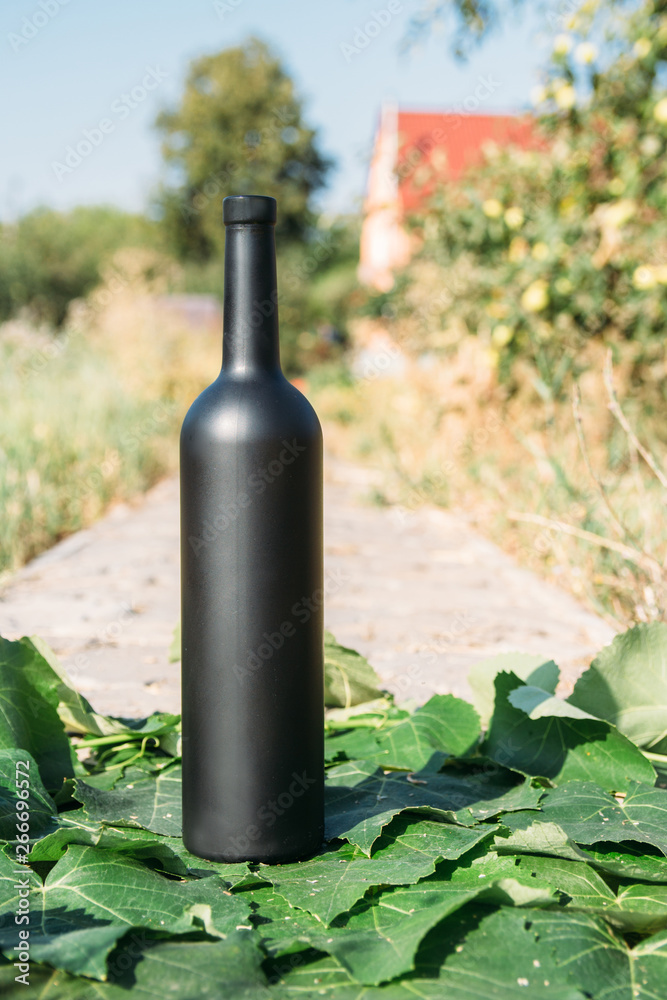 bottle of wine stands against the green leaves of the vineyard. vine. natural drink, private vineyards. natural drink, private vineyards grapes are nearby standing on the road in the countryside bottle of wine stands against the green leaves of the vineyard. vine. natural drink, private vineyards. natural drink, private vineyards grapes are nearby standing on the road in the countryside