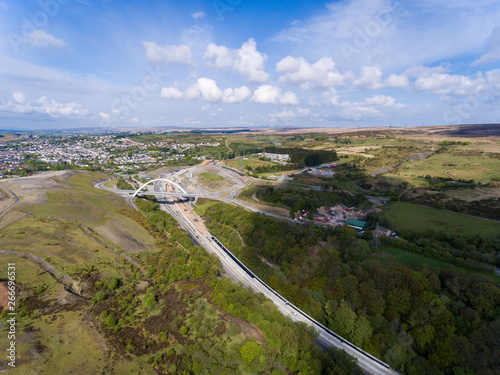 Aerial view of major road works on the A465 Brynmawr to Gilwern Road Widening Scheme, Wales