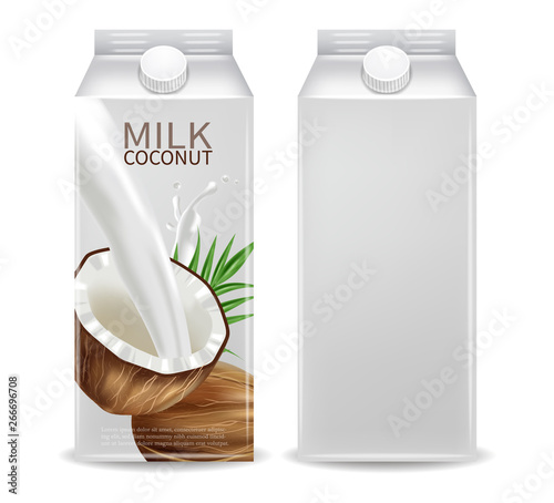 Coconut milk container Vector realistic mock up. Milk splash label design. Pr...