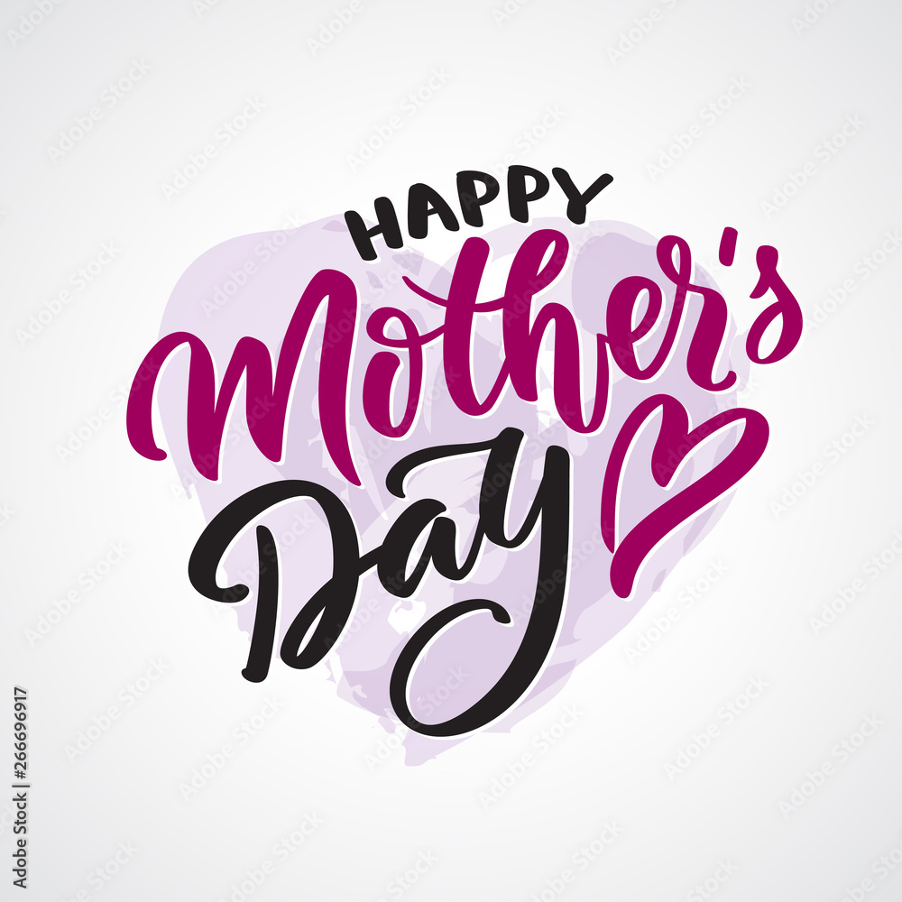 Happy mother day text calligraphy. Graphic print, hand-writing, lettering, typography. Vector phrase in two color on Mother Day with heart. For greeting card, poster, banner, flyer
