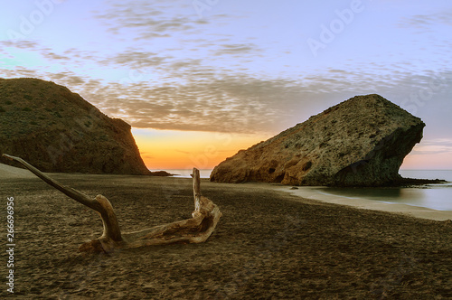 Amanecer en la playa de Monsul con un tronco en primer plano photo