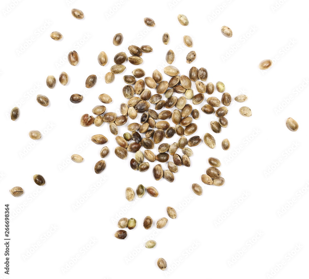 Naklejka premium Hemp seeds isolated on white background, top view