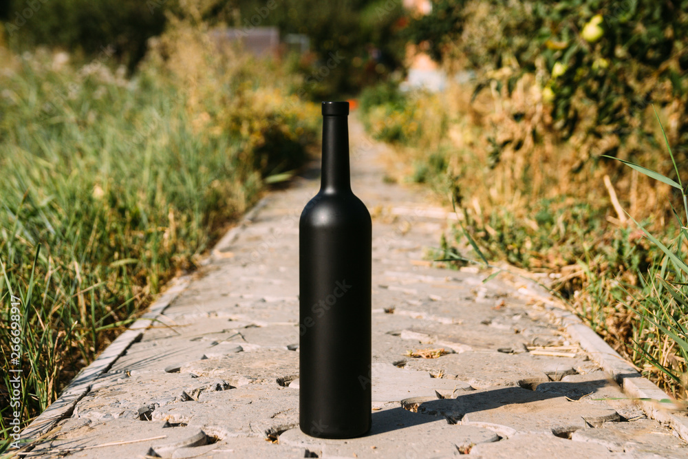 black bottle on the road from the tiles, the village, rural alcoholism, drunkenness. alcoholic illness. wine natural drink. wine