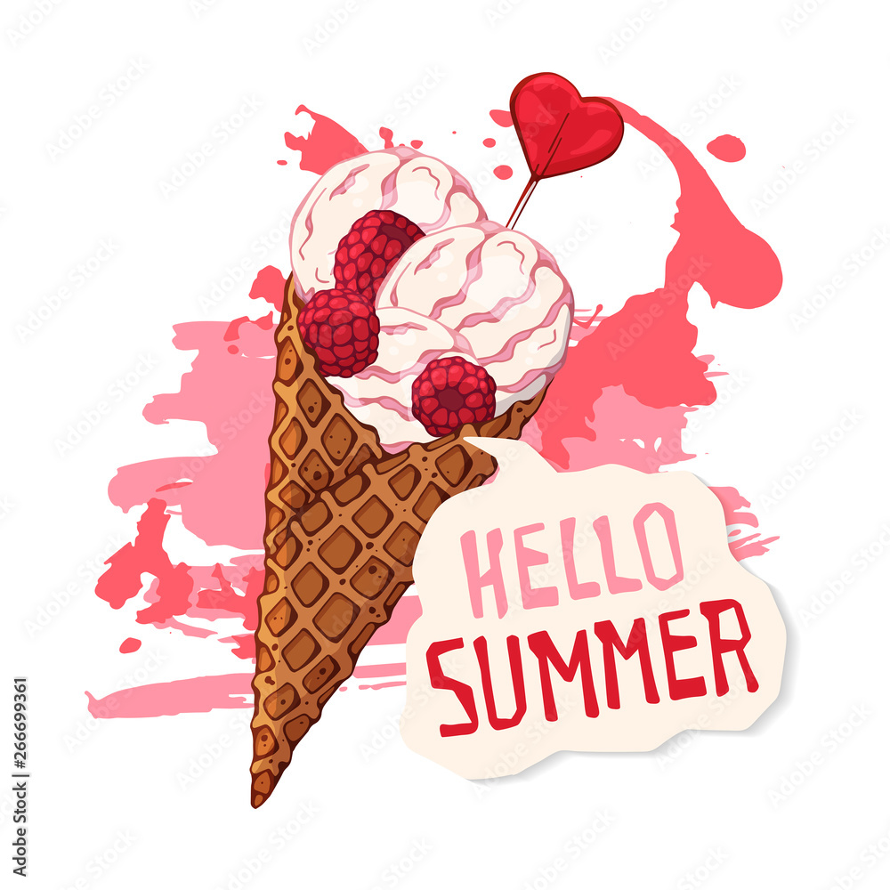 Vector Ice cream in waffle cones decorated with berries, chocolate or nuts. Vector Ice cream in waffle cones decorated with berries, chocolate or nuts.