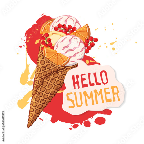 Vector Ice cream in waffle cones decorated with berries, chocolate or nuts.