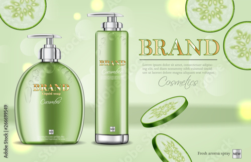 Cucumber soap and shampoo Vector realistic. Product packaging mockup cosmetic...