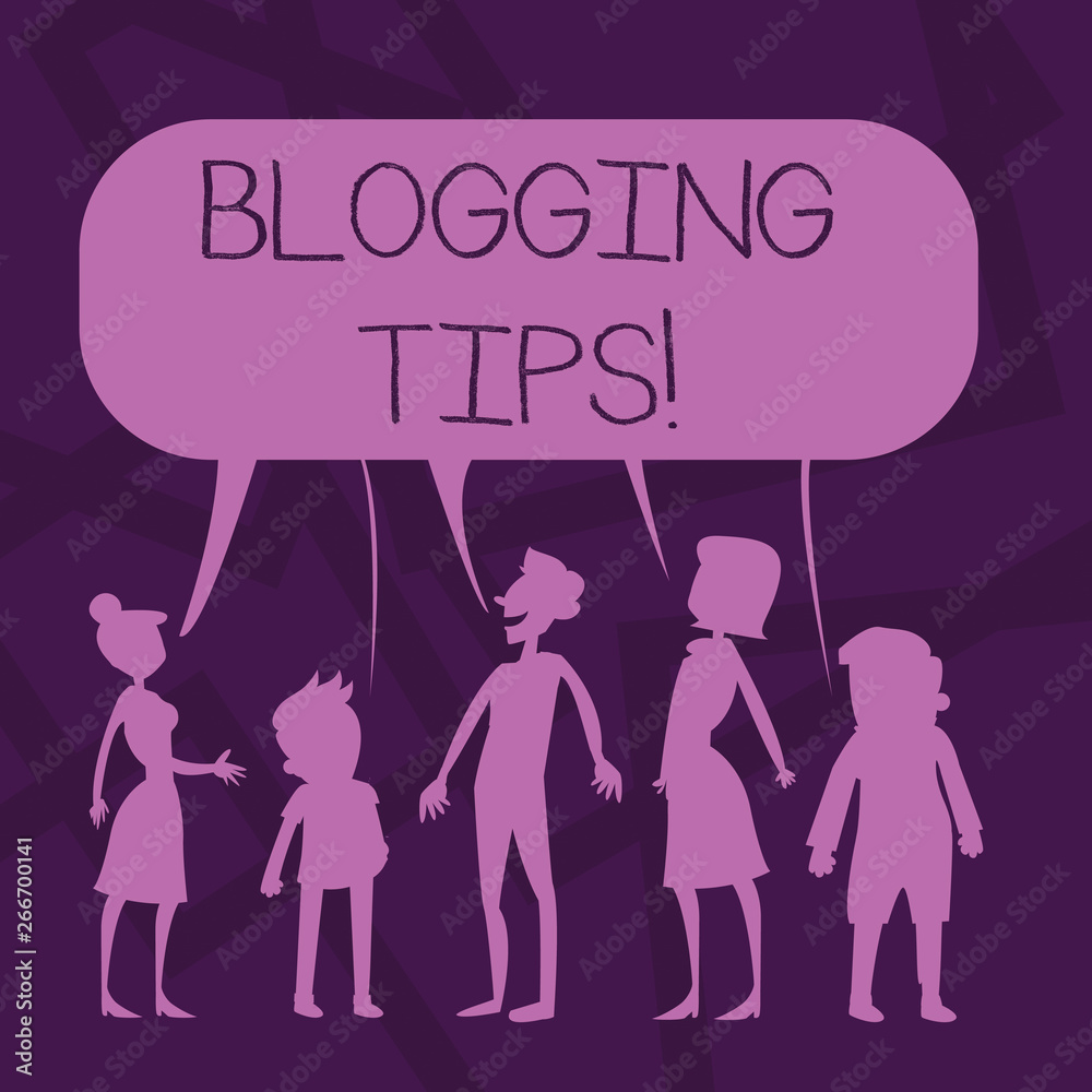 Text sign showing Blogging Tips. Business photo showcasing Ideas on how improve the discussion or informational website Silhouette Figure of People Talking and Sharing One Colorful Speech Bubble Text sign showing Blogging Tips. Business photo showcasing Ideas on how improve the discussion or informational website Silhouette Figure of People Talking and Sharing One Colorful Speech Bubble