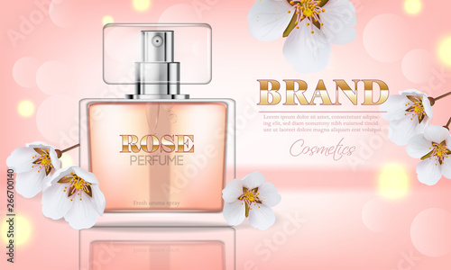 Cherry blossom perfume Vector realistic. Product packaging mockup. Fresh spri...