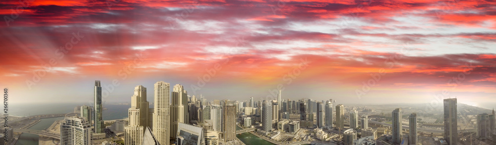 Panoramic sunset aerial view of Dubai Marina, United Arab Emirates