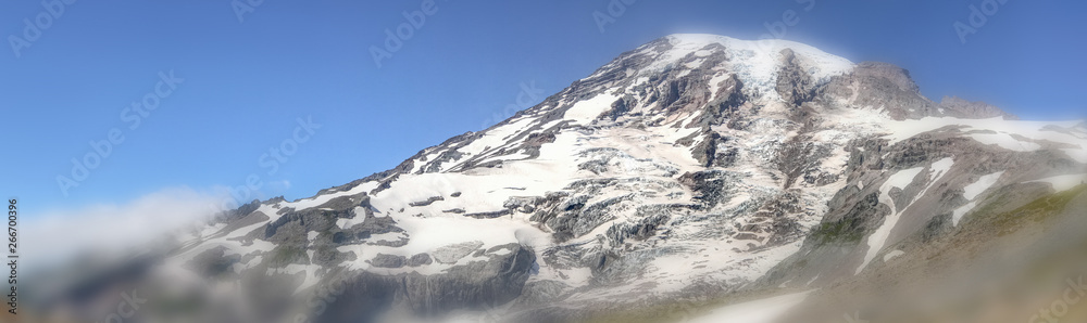 Panoramic view of amazing Mount Rainier landscape in summer season