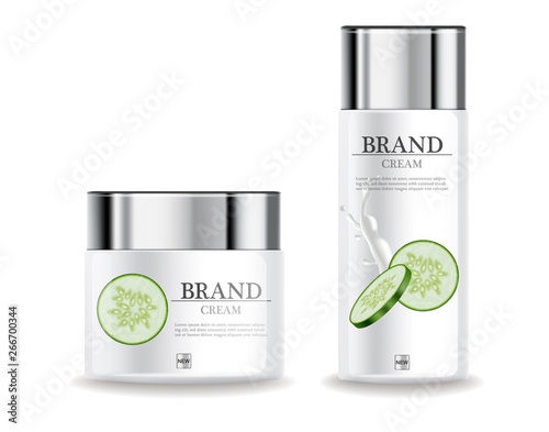 Cucumber cream moisturizer hydration Vector realistic. Product packaging mockup cosmetics. Detailed white bottles with label design. 3d template illustrations