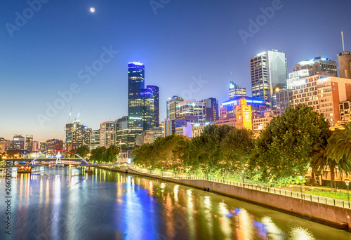 Melbourne night skyline over Yarra river  Australia