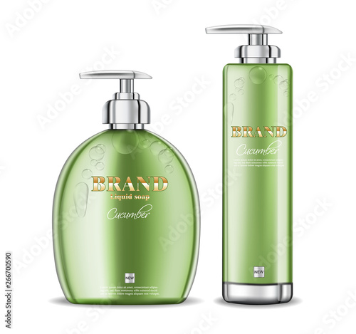 Cucumber cosmetics collection Vector realistic. Moisturizer hydration cosmetics. Product packaging mockup. Detailed green bottles with label design. 3d template illustrations