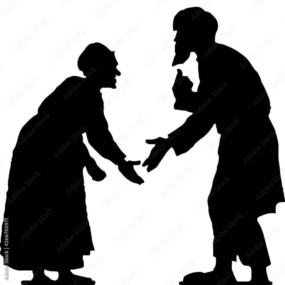 Old man with a beard and old woman arguing, hunched, black silhouette on white background