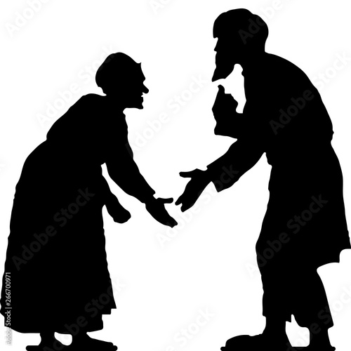 Old man with a beard and old woman arguing, hunched, black silhouette on white background