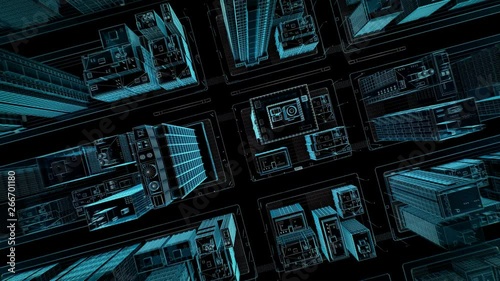 Intelligent Smart building in smart city, Aerial view,  IoT smart city x-ray view. 4k animation.
