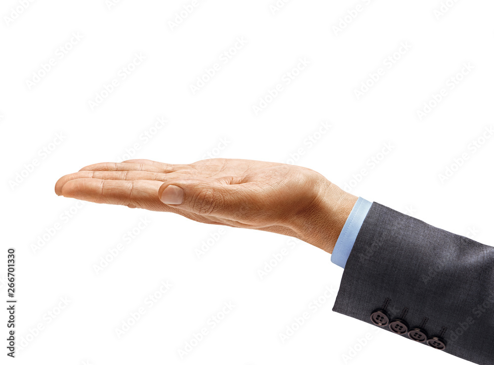 Man's hand in suit holding open palm up isolated on white background. Palm up, close up. High resolution product Man's hand in suit holding open palm up isolated on white background. Palm up, close up. High resolution product