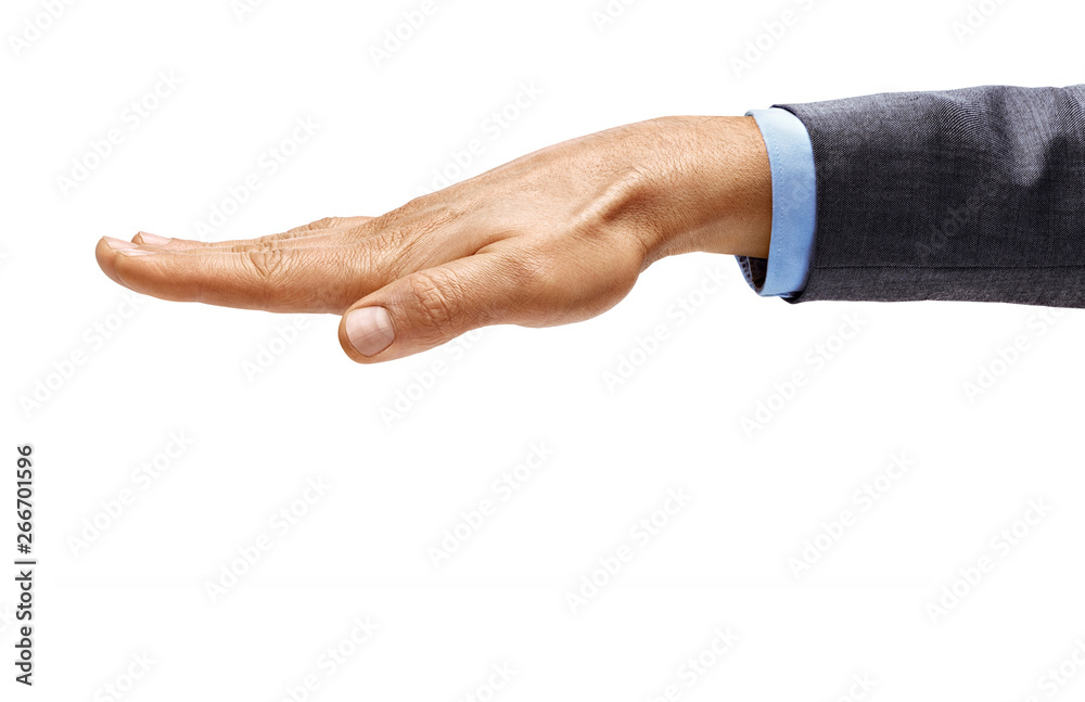 Man's hand in suit closes something isolated on white background. Close up. High resolution product Man's hand in suit closes something isolated on white background. Close up. High resolution product