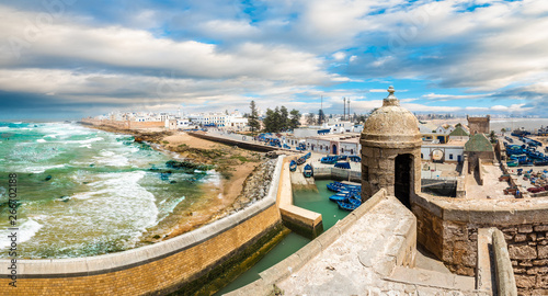 Landscape with old fortress and fishing port of Essaouira, Morocco photo