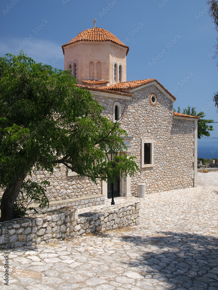 Byzantine orthodox church in a Greek Village. Taxiarhis church in Areopoli, Mani, Greece.