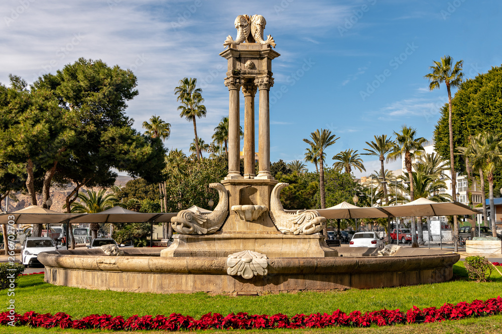 Landmark Fish fountain in downtown Almeria, Spain.