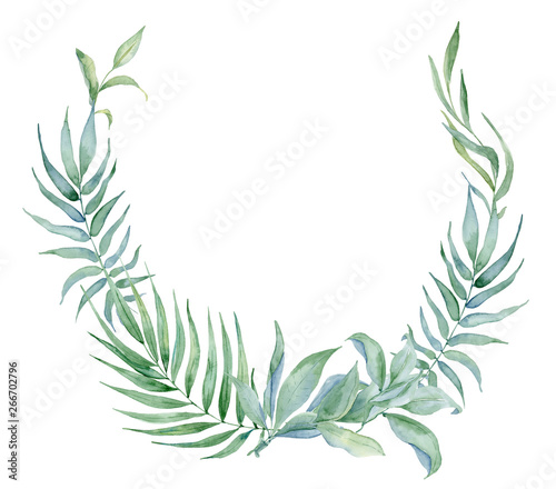 Tropical watercolor flowers and leaves. Exotic wreath isolated on white background. 