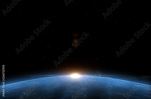 Artistic globe with sunrise in cosmos