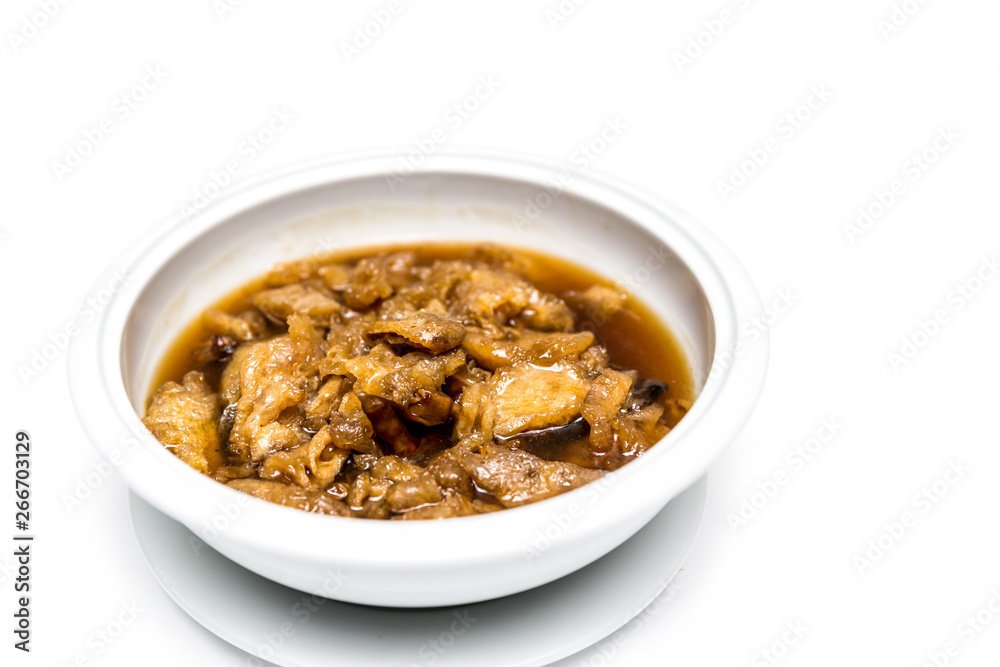 Braised Fish Maw in Red Soup in bowl isolated on white background Braised Fish Maw in Red Soup in bowl isolated on white background