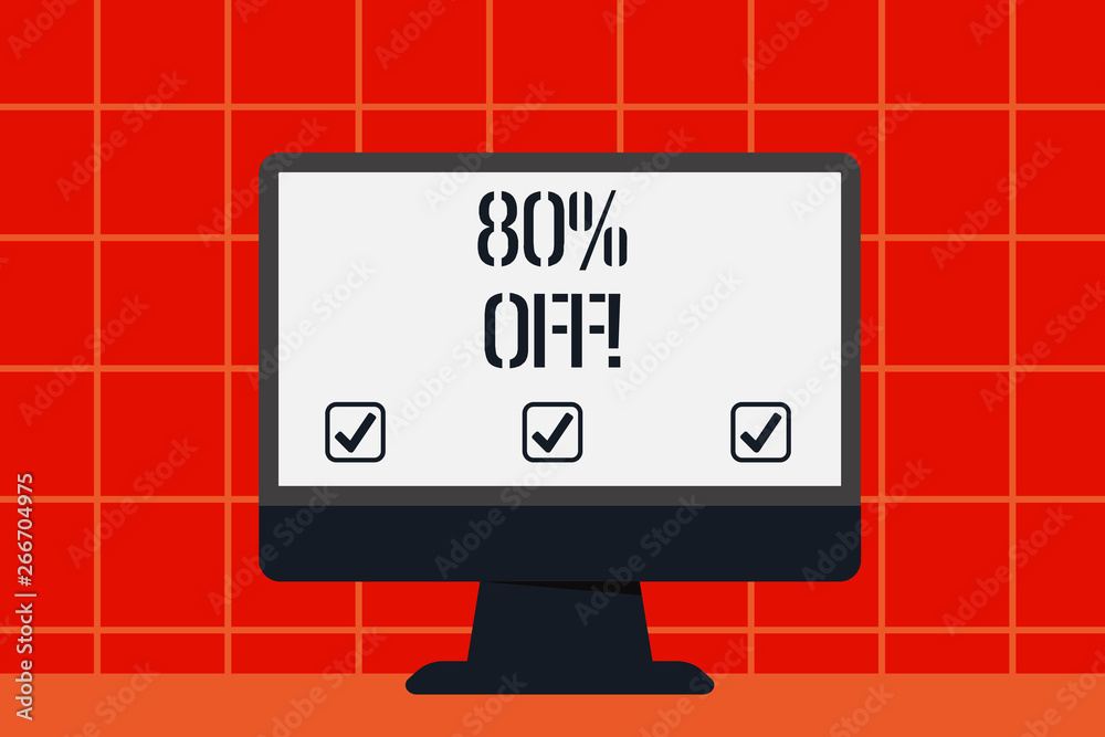 Fototapeta premium Conceptual hand writing showing 80 Percent Off. Concept meaning 80 percent reduction on the original price of a product Blank Desktop Computer Colorful Screen Freestanding on Table