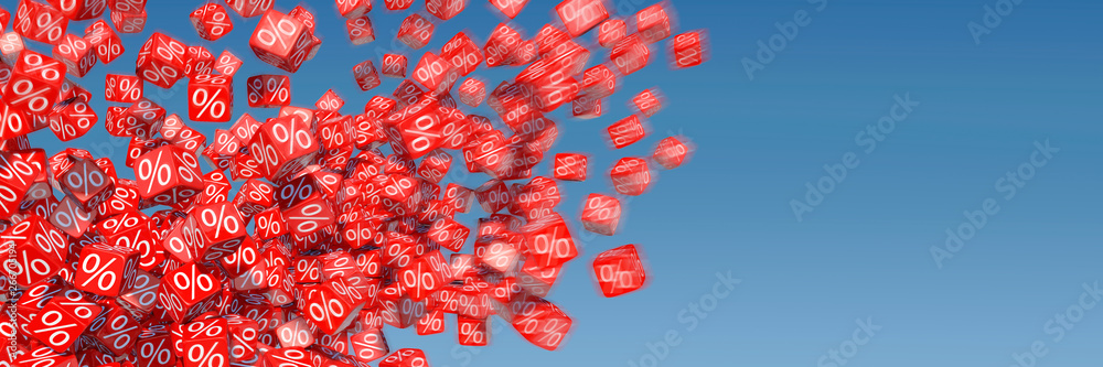 Exploding discount cubes with percent sign in front of blue sky - obrazy, fototapety, plakaty 