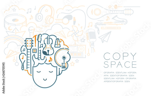 Dream with sleeping kid boy and music instrument icon, Imagination of Future Occupation "Musician" concept, poster or flyer template layout design illustration isolated on white background, with space