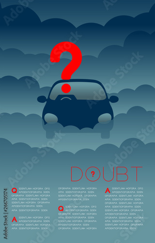 Doubt man in car with Question mark icon pictogram blue and red, Social issues: Pollution PM 2.5 concept template layout design illustration isolated on dark gradients background, with space