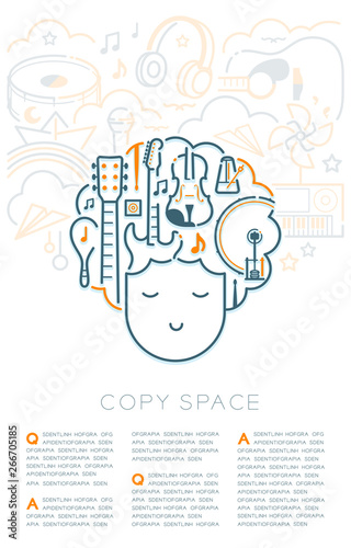 Dream with sleeping kid boy and music instrument icon, Imagination of Future Occupation "Musician" concept, poster or flyer template layout design illustration isolated on white background, with space
