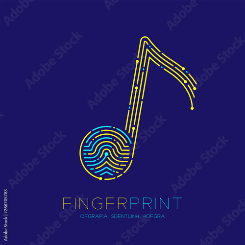 Music note sign pattern Fingerprint scan logo icon dash line, Musician concept, Editable stroke illustration blue and yellow isolated on blue background with Fingerprint text and space, vector eps10