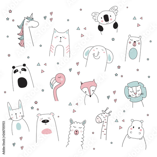 cute unicorn, llama, lion, bear, cat, elephant, giraffe, doodle cartoon vector illustration