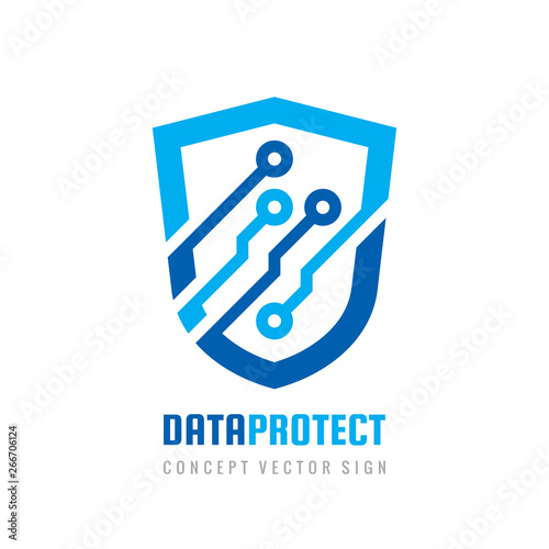 Date protection - logo vector illustration. Abstract shield symbol with electronic design elements. Antivirus creative sign. Guard security digital technology icon. 