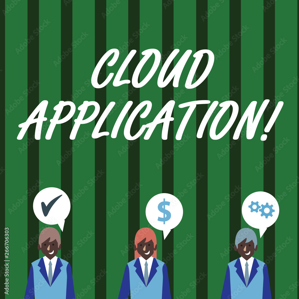 Text sign showing Cloud Application. Business photo text the software program where cloud computing works Businessmen Each has their Own Speech Bubble with Optimization Cost Icons