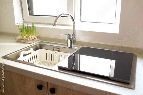 Luxurious modern kitchen with sink, Contemporary kitchen unit with chrome water tap. Decor with plant. Window with bright sun light.