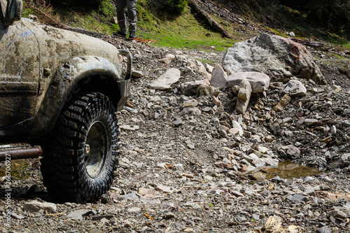 Wheels in the marsh. Offroad on Jeep in the Carpathian Mountains