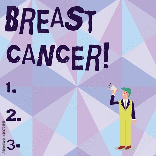 Conceptual hand writing showing Breast Cancer. Concept meaning Malignant tumour arising from the cells of the breast Businessman Looking Up, Holding and Talking on Megaphone