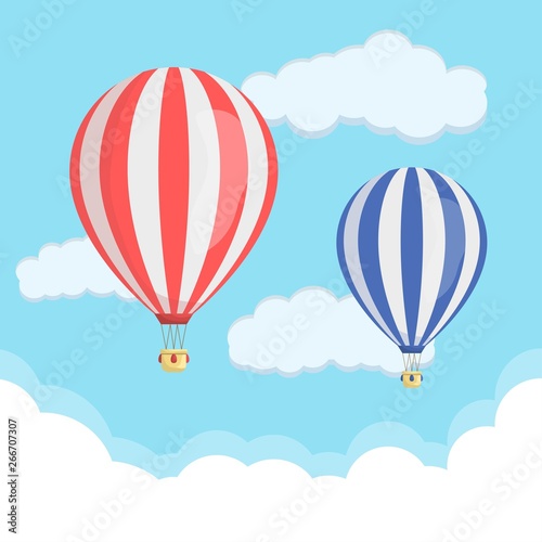 Fototapeta Naklejka Na Ścianę i Meble -  Red and blue hot air balloon with clouds in the sky. Travel concept template design.