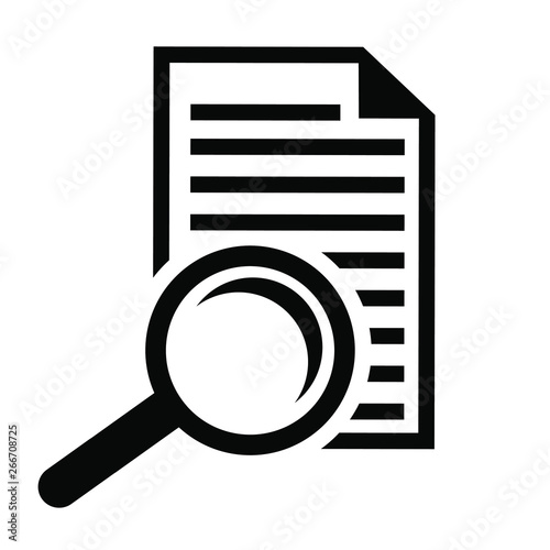 Scrutiny document plan icon. Review statement vector illustration. Document with magnifier loupe business concept.