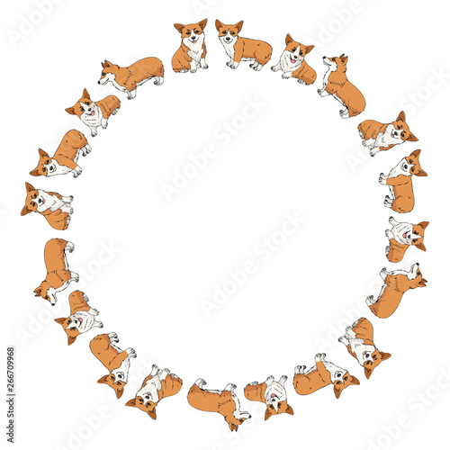 Round frame made of cute pembroke welsh corgi in different poses. Vector dog illustration for your design